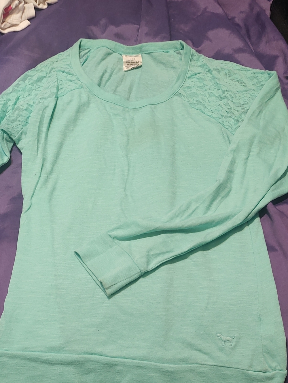 PINK Victoria's Secret Mint Lace-Shoulder Long Sleeve Sweatshirt